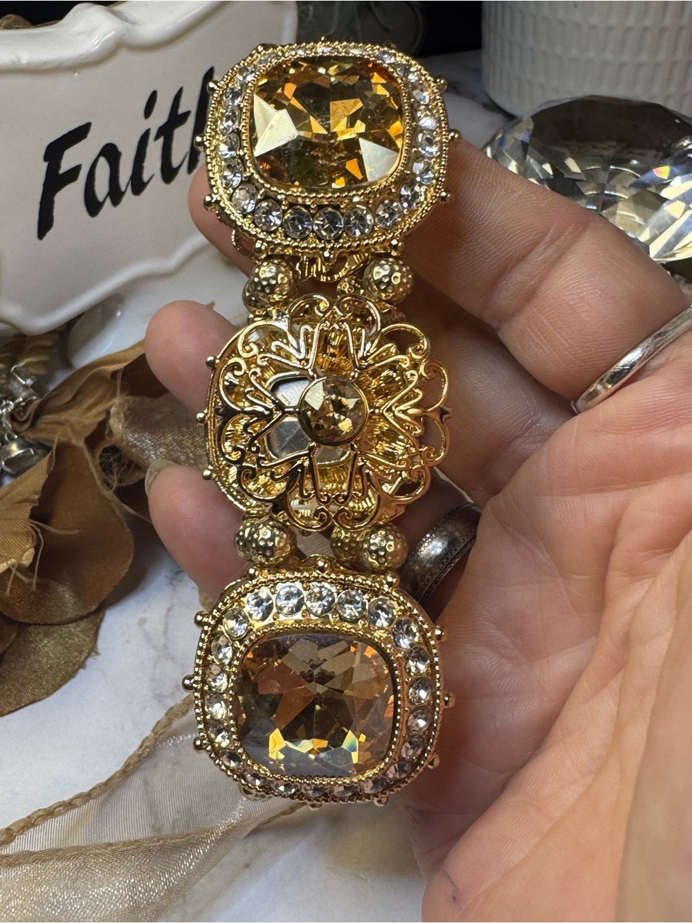 Gold Tone Filigree Statement Bracelet with Amber Gem - Picture 4 of 6